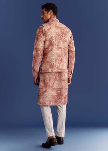 Rust Cotton Silk Kurta Jacket Set With Coastal Print
