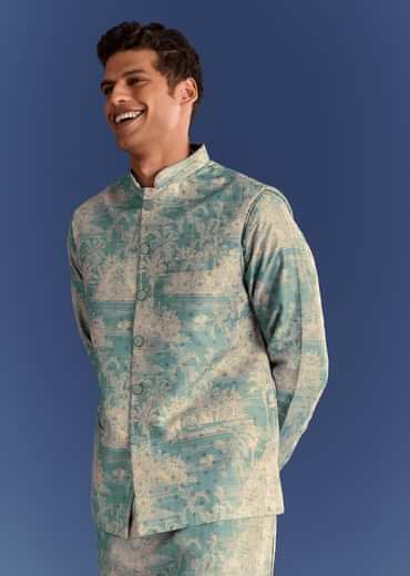 Blue Cotton Silk Kurta Jacket Set With Coastal Print