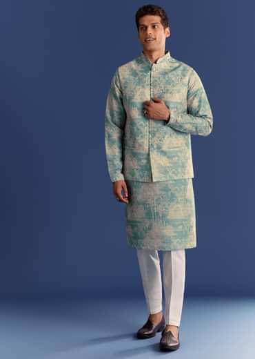 Blue Cotton Silk Kurta Jacket Set With Coastal Print