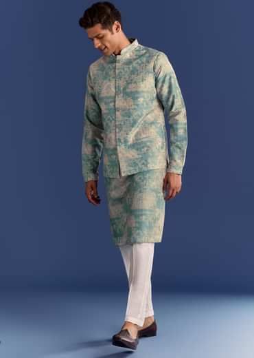 Blue Cotton Silk Kurta Jacket Set With Coastal Print