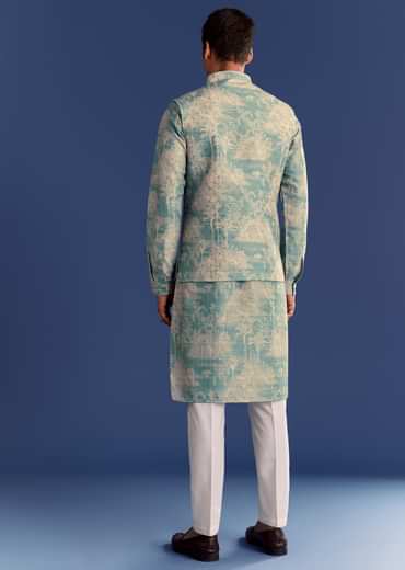Blue Cotton Silk Kurta Jacket Set With Coastal Print