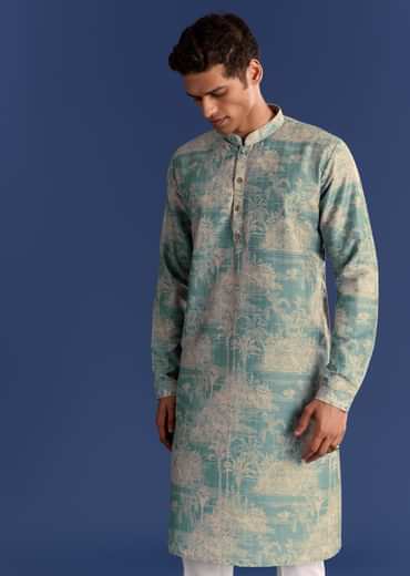 Blue Cotton Silk Kurta Jacket Set With Coastal Print