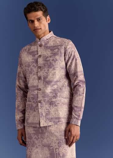 Purple Cotton Silk Kurta Jacket Set With Print