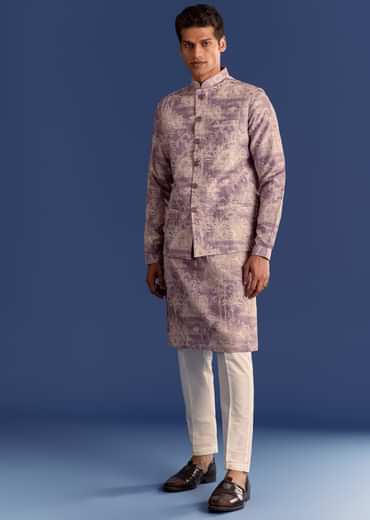 Purple Cotton Silk Kurta Jacket Set With Print