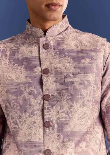 Purple Cotton Silk Kurta Jacket Set With Print