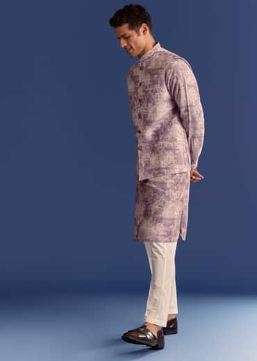 Purple Cotton Silk Kurta Jacket Set With Print