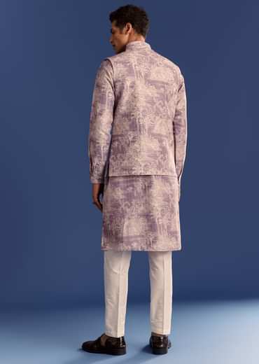 Purple Cotton Silk Kurta Jacket Set With Print