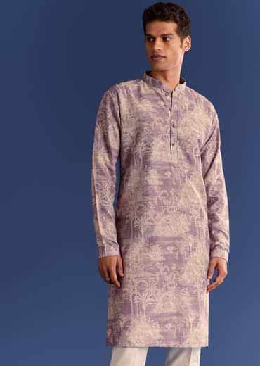 Purple Cotton Silk Kurta Jacket Set With Print