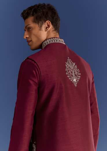 Red Cotton Silk Kurta Jacket Set With Mirror And Thread Work
