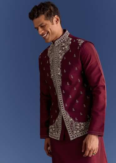 Red Cotton Silk Kurta Jacket Set With Mirror And Thread Work