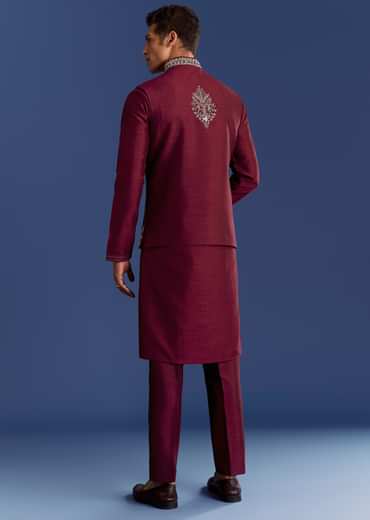 Red Cotton Silk Kurta Jacket Set With Mirror And Thread Work