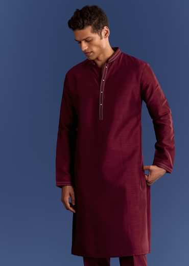 Red Cotton Silk Kurta Jacket Set With Mirror And Thread Work