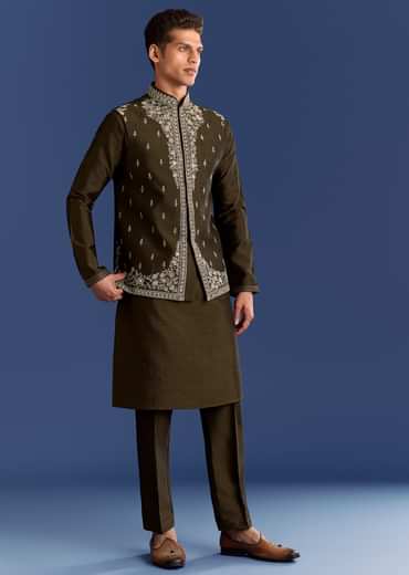 Mehndi Green Cotton Silk Kurta Jacket Set With Mirror Work