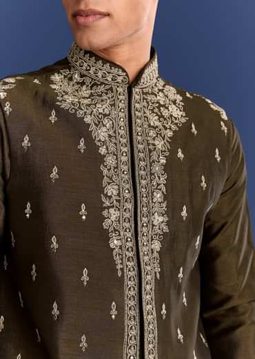 Mehndi Green Cotton Silk Kurta Jacket Set With Mirror Work