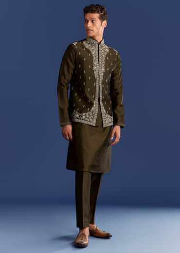 Mehndi Green Cotton Silk Kurta Jacket Set With Mirror Work
