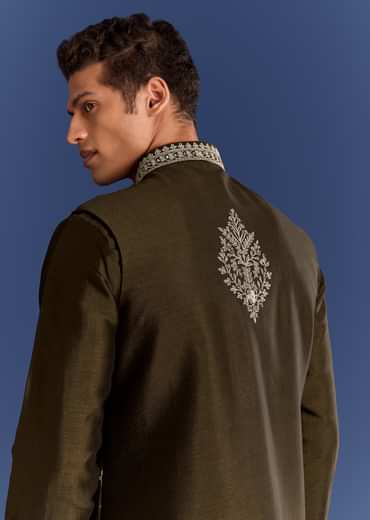 Mehndi Green Cotton Silk Kurta Jacket Set With Mirror Work