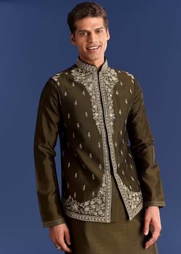 Mehndi Green Cotton Silk Kurta Jacket Set With Mirror Work