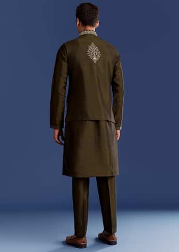 Mehndi Green Cotton Silk Kurta Jacket Set With Mirror Work