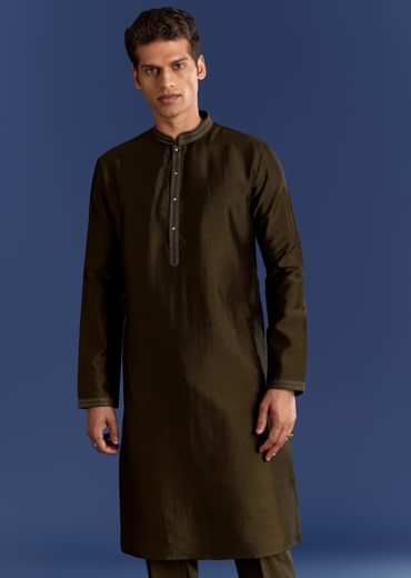 Mehndi Green Cotton Silk Kurta Jacket Set With Mirror Work