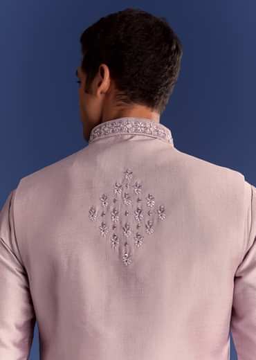 Lilac Kurta Set In Cotton Silk With Mirror Threadwork Jacket