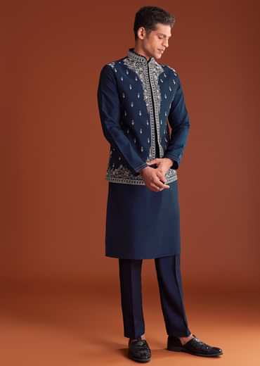 Blue Cotton Silk Kurta Jacket Set With Mirror Embroidery