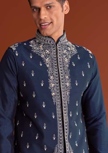 Blue Cotton Silk Kurta Jacket Set With Mirror Embroidery