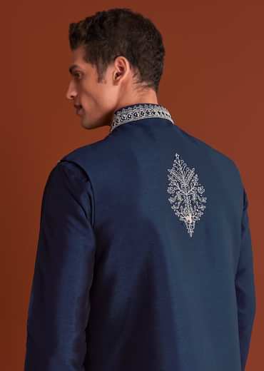 Blue Cotton Silk Kurta Jacket Set With Mirror Embroidery