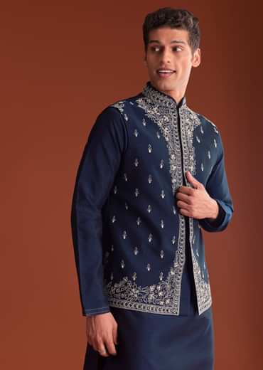 Blue Cotton Silk Kurta Jacket Set With Mirror Embroidery