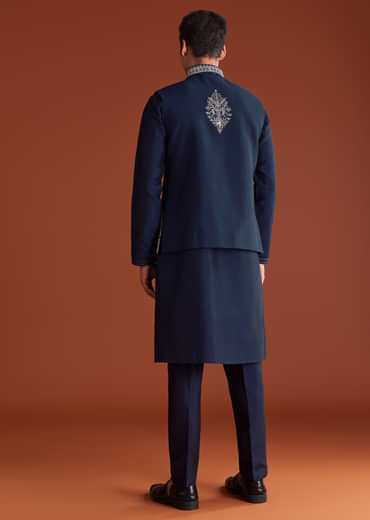 Blue Cotton Silk Kurta Jacket Set With Mirror Embroidery