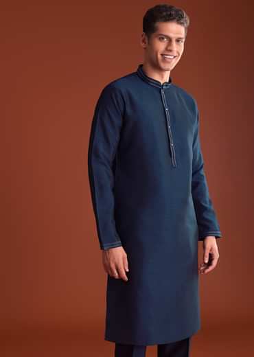 Blue Cotton Silk Kurta Jacket Set With Mirror Embroidery