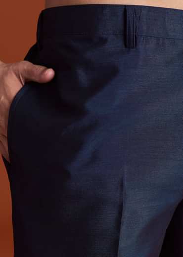 Blue Cotton Silk Kurta Jacket Set With Mirror Embroidery