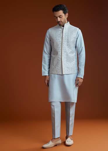Ice Blue Cotton Silk Kurta Jacket Set With Vine Motif Threadwork