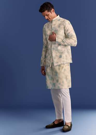 Green Cotton Silk Mirrowork Kurta Jacket Set With Tie Dye Print