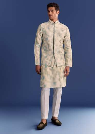 Green Cotton Silk Mirrowork Kurta Jacket Set With Tie Dye Print