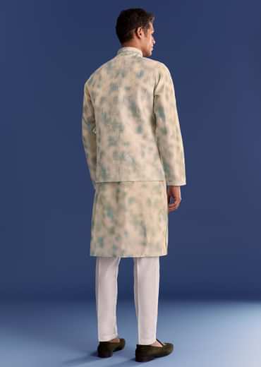 Green Cotton Silk Mirrowork Kurta Jacket Set With Tie Dye Print