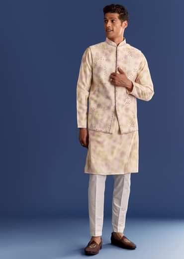 Pink Cotton Silk Tie Dye Printed Kurta Jacket Set With Mirror Work
