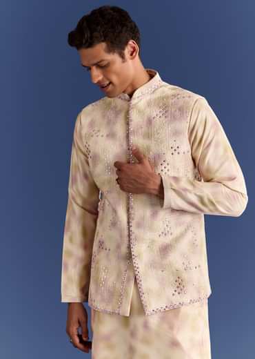 Pink Cotton Silk Tie Dye Printed Kurta Jacket Set With Mirror Work