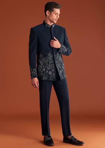 Navy Blue Jodhpuri Suit In Lachkaa Fabric With Hand Embroidery