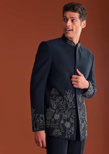 Navy Blue Jodhpuri Suit In Lachkaa Fabric With Hand Embroidery