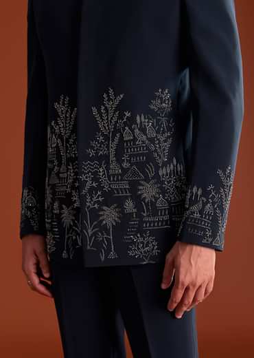 Navy Blue Jodhpuri Suit In Lachkaa Fabric With Hand Embroidery