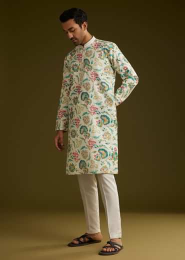 White Silk Kurta Set With Cold Coloured Nature Motifs