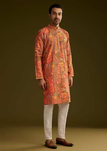 Mustard Yellow Silk Floral Abstract Printed Kurta Set With Stone Work