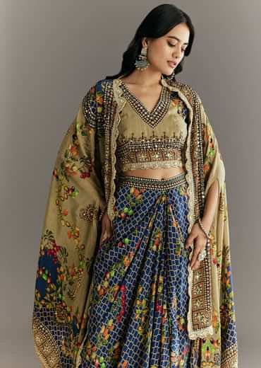 Greenish Beige Muslin Embroidered Croptop With Printed Skirt And Cape