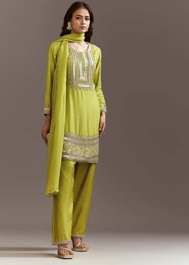Green Beads And Sequins Work Kurta Set With Organza Dupatta