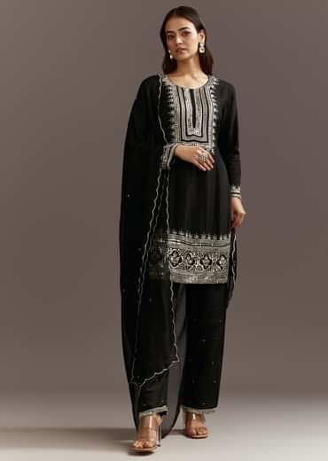 Black Beads And Sequins Work Kurta Set With Organza Dupatta