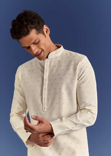 Beige Benaras Jacquard Kurta Set With Print