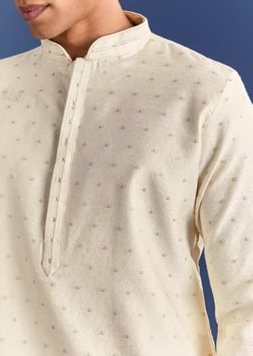 Beige Benaras Jacquard Kurta Set With Print