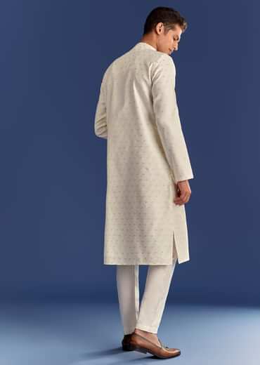 Beige Benaras Jacquard Kurta Set With Print