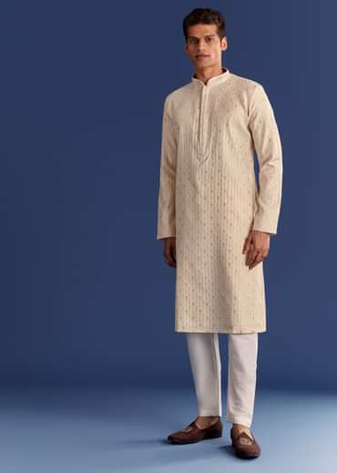 Beige Printed Benaras Jacquard Kurta Set