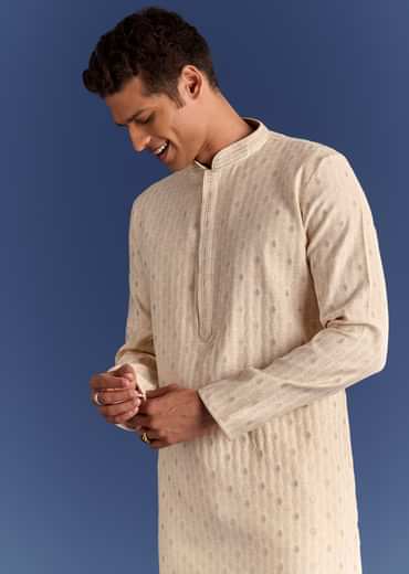 Beige Printed Benaras Jacquard Kurta Set